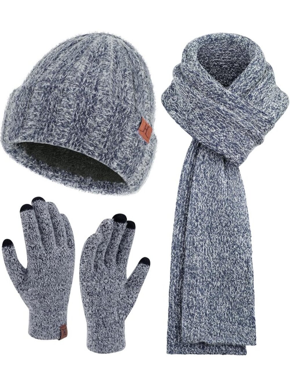 Women's Dark Blue Winter Beanie Hat and Scarf Warm Touchscreen Thick Gloves